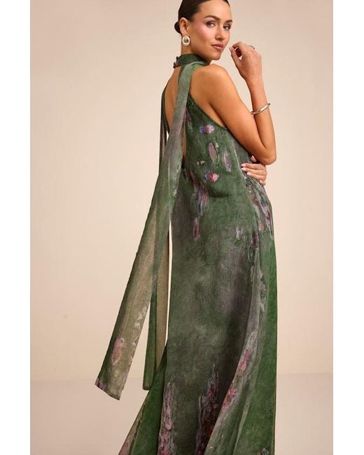 Lulus Green Calixta Abstract Chiffon Sash Shift Maxi Dress