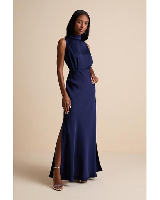 Lulus Blue Classic Elegance Satin Sleeveless Mock Neck Maxi Dress