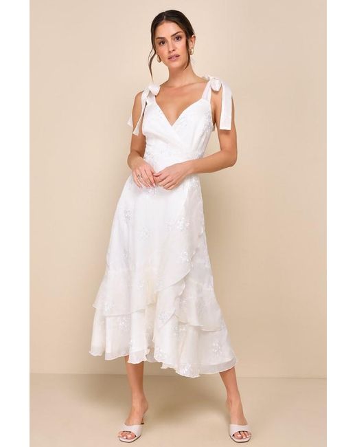 Lulus Natural Elegant Direction Embroidered Ruffled Tie-Strap Midi Dress