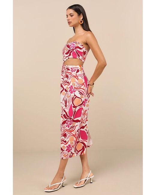Lulus Pink Zisel And Floral Cutout Strapless Midi Dress