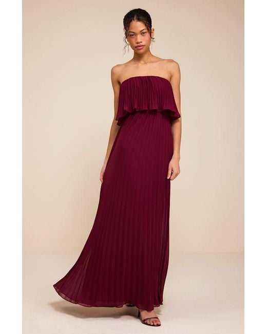 Lulus Red Arietta Plum Pleated Strapless Maxi Dress