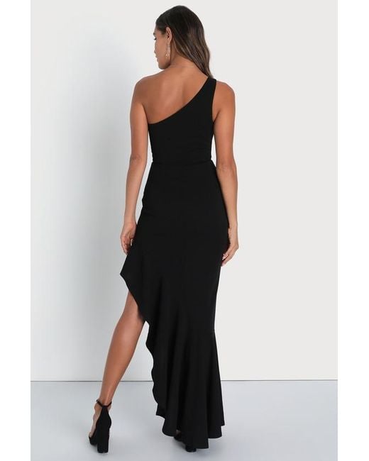 Lulus Black Dramatic Persona One-Shoulder Ruffled Maxi Dress