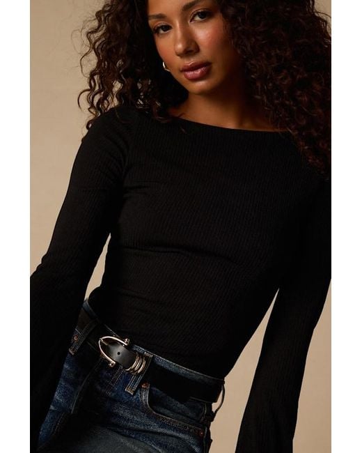 Lulus Black Maelis Ribbed Knit Long Sleeve Boat Neck Top