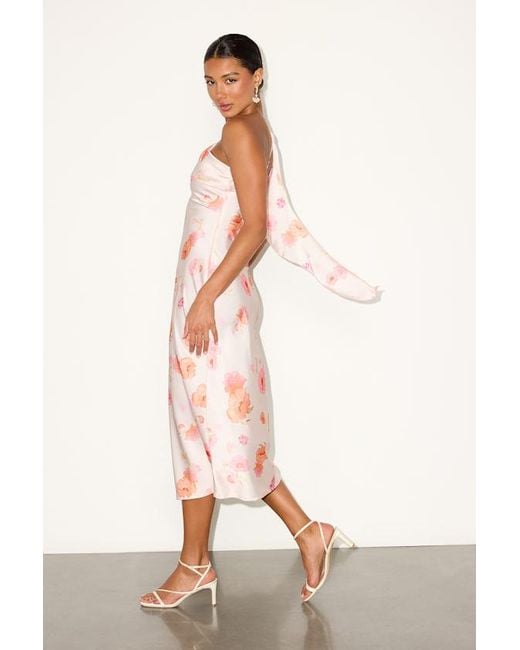 Lulus White Naima Floral Satin One-Shoulder Midi Dress