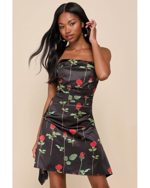 Rare London Black Truly Refined Rose Print Satin Strapless Mini Dress