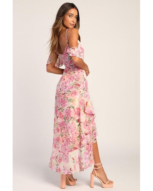 Lulus Pink Watch Me Grow Floral Print Cold-Shoulder High-Low Dress