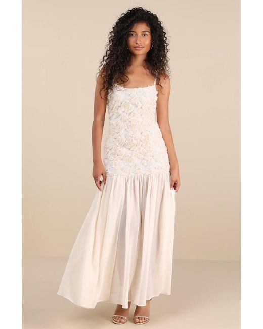 Lulus Natural Kalene Cream 3D Rosette Sheer Hem Maxi Dress