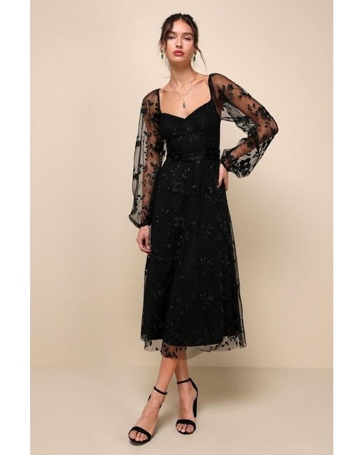 Lulus Black Darling Charisma Mesh Embroidered Midi Dress