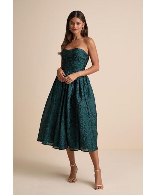 Lulus Blue Analeia Dark Jacquard Lace-Up Strapless Midi Dress