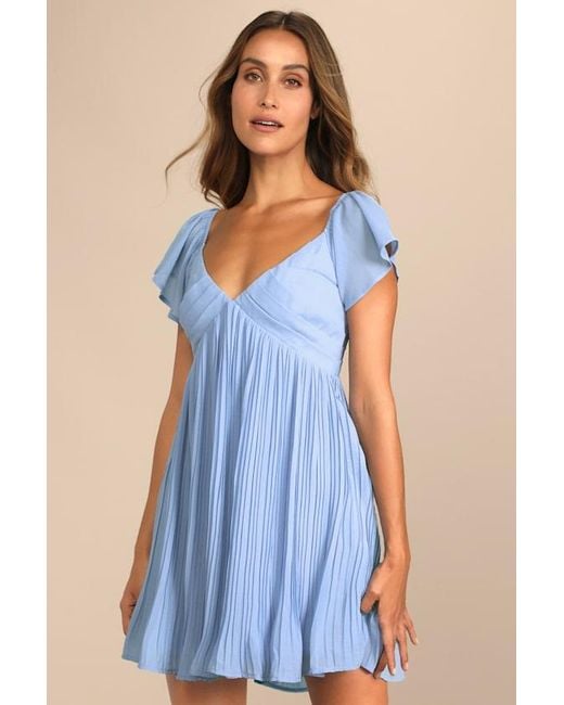 Lulus Blue Amalfi Coast Pleated Flutter Sleeve Mini Dress