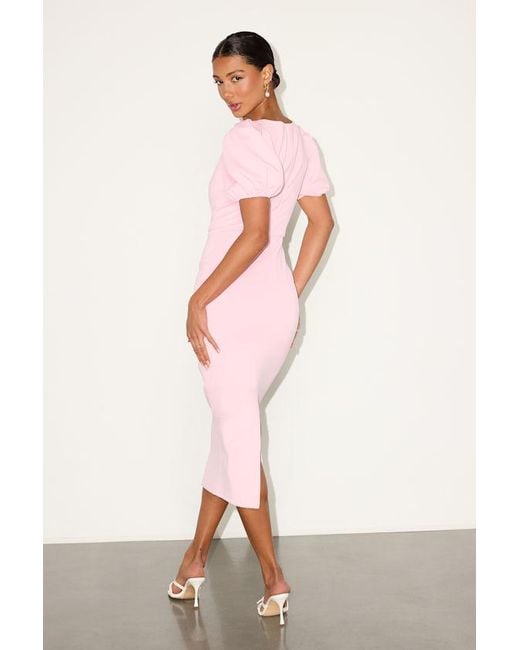 Lulus Pink Simply Beloved Puff Sleeve Bodycon Midi Dress