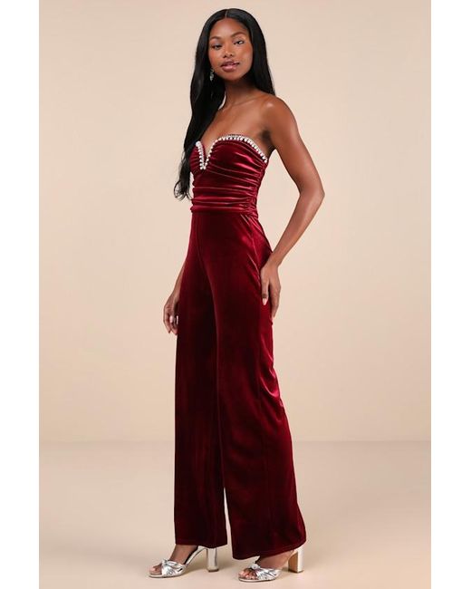 Lulus Red Fabulous Instinct Velvet Pearl Strapless Jumpsuit