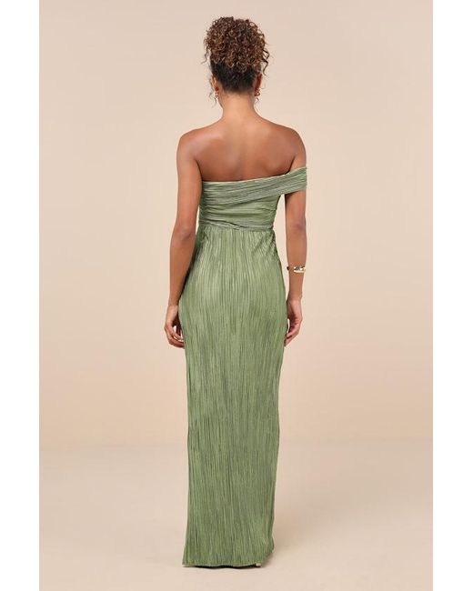 Lulus Green Poised Performance Plisse One-Shoulder Maxi Dress
