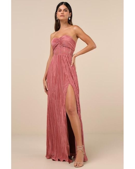 Lulus Red Desme Rose Satin Plisse Strapless Maxi Dress