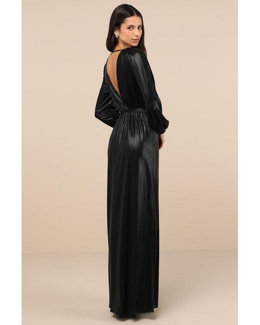 Lulus Natural Extra Aesthetic Shiny Long Sleeve Surplice Maxi Dress