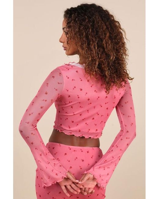 Daisy Street Pink Cutest Appeal Floral Mesh Bow Ruffled Long Sleeve Crop Top