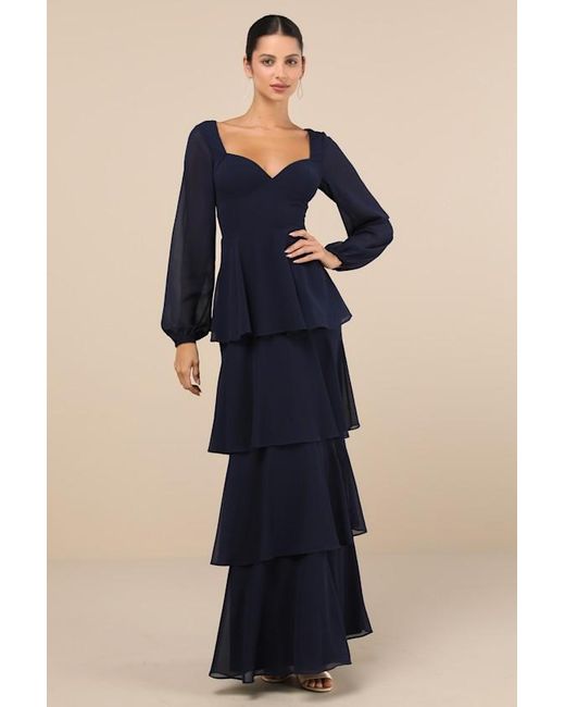 Lulus Flawless Excellence Tiered Long Sleeve Maxi Dress in Blue | Lyst