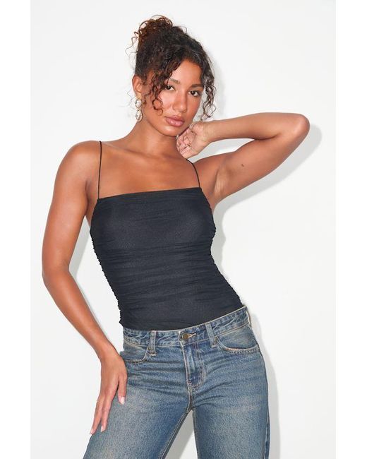 Lulus Black Halona Mesh Ruched Sleeveless Bodysuit