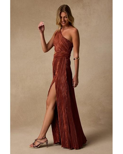 Lulus Orange Rocca Rust Plisse Pleated Cutout One-Shoulder Maxi Dress