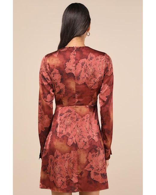 Lulus Red Casually Elegant Rust Floral Satin Surplice Belted Mini Dress