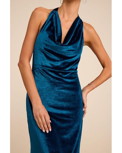 Lulus Blue Elarina Velvet Cowl Halter Mermaid Maxi Dress