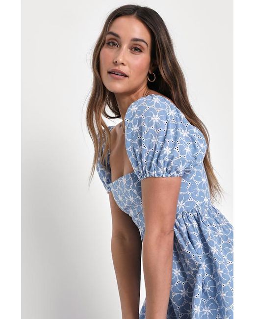 Lulus Blue Fit To Frolic Eyelet Lace Puff Sleeve Babydoll Dress