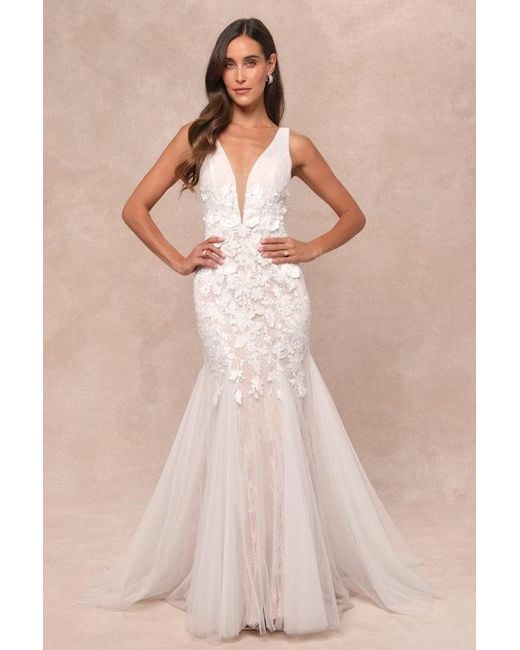 Lulus Natural Exceptional Vow Tulle Lace Applique Mermaid Maxi Dress