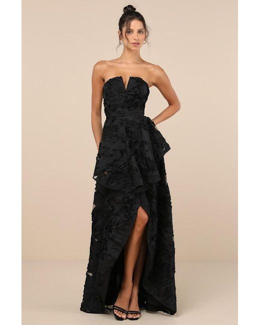 Lulus Black Majestic Glam Strapless Textured High-Low Maxi Dress