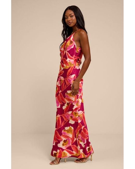 Lulus Red Sandria Multi Floral Satin One-Shoulder Maxi Dress