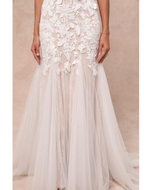 Lulus Natural Exceptional Vow Tulle Lace Applique Mermaid Maxi Dress