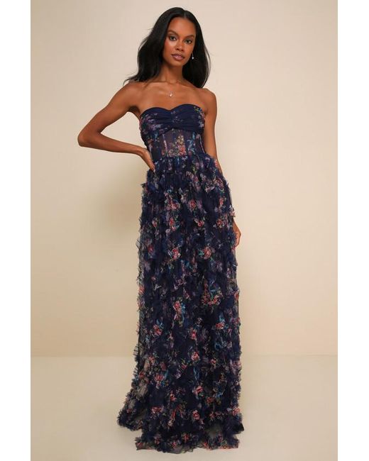 Lulus Blue Stunning Element Floral Mesh Ruffled Strapless Maxi Dress