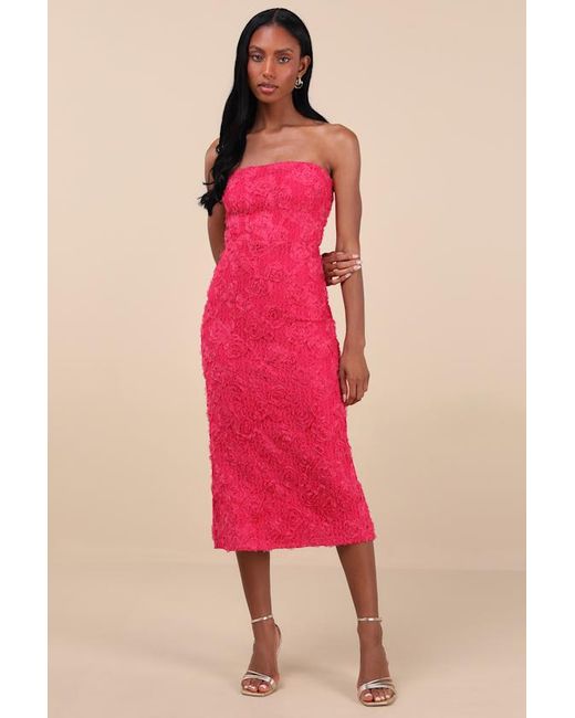 Lulus Pink Flawless Perfection Floral Applique Strapless Midi Dress