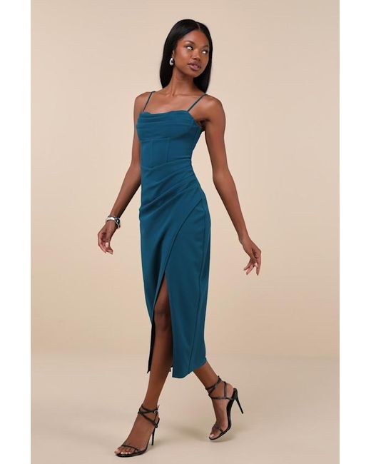 Lulus Blue Always Turning Heads Dark Bustier Tulip Midi Dress