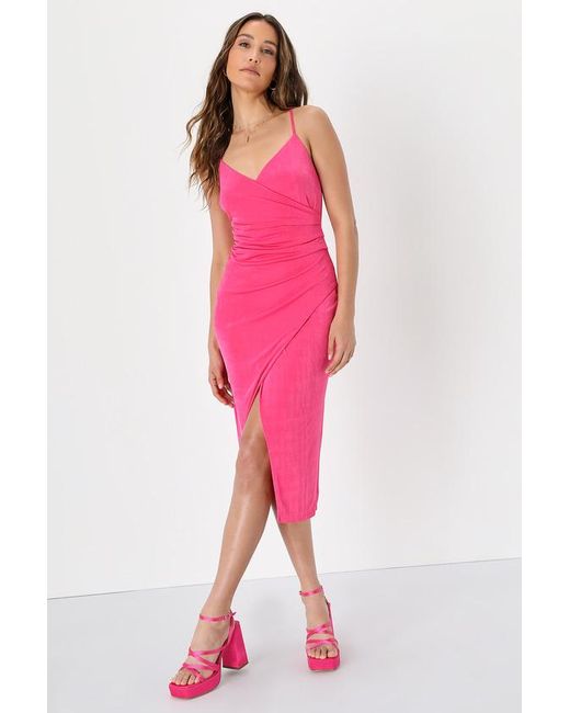 Lulus Pink Exuberant Essence Hot Sleeveless Tulip Midi Dress