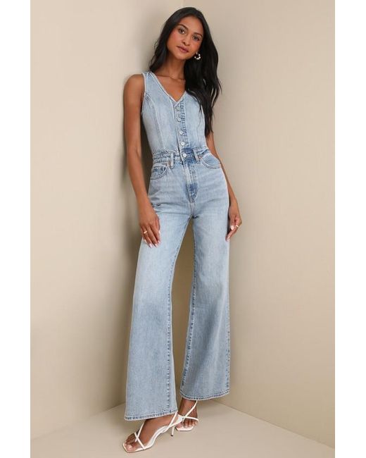 Levi's Blue Denim Vest Medium Wash Sleeveless Wide-Leg Jumpsuit