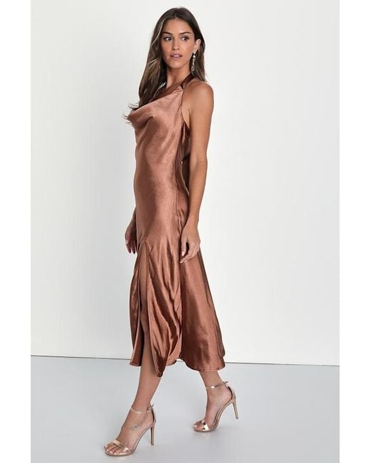 Lulus Brown Sophisticated Impression Satin Backless Cowl Midi Dress