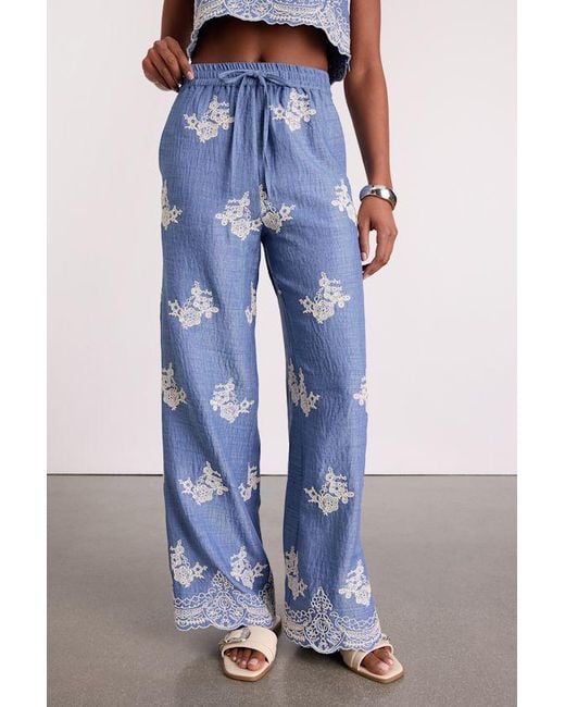 Lulus Blue Havana Embroidered Drawstring Wide-Leg Pants