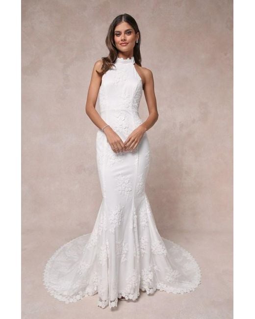 Lulus White Dreamy Glamour Embroidered Halter Mermaid Maxi Dress