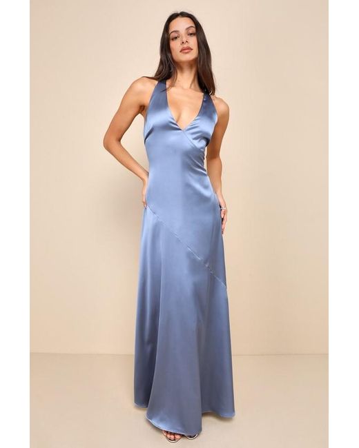 Lulus Blue Purely Elegant Slate Satin Twist-Back Maxi Dress