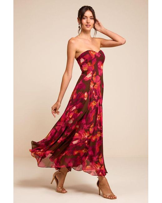 Lulus Red Madoria Multi Floral Strapless Midi Dress