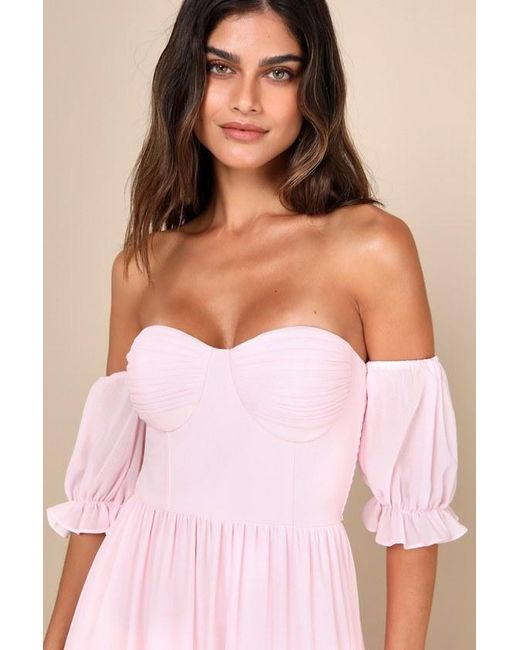 Lulus Pink Exceptionally Gorgeous Blush Chiffon Off-The-Shoulder Maxi Dress
