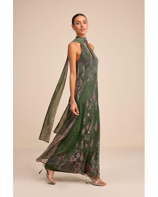 Lulus Green Calixta Abstract Chiffon Sash Shift Maxi Dress