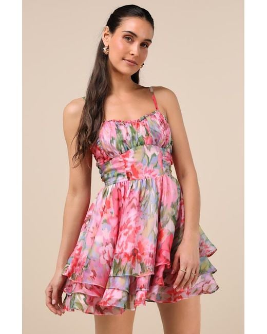 Lulus Evonne Abstract Floral Tiered Mini Skater Dress