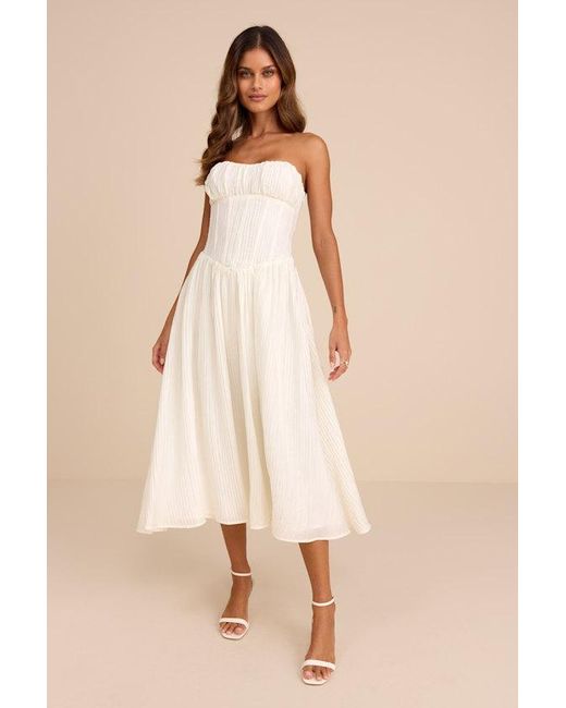 Lulus Natural Aspen Plisse Strapless Bustier Midi Dress