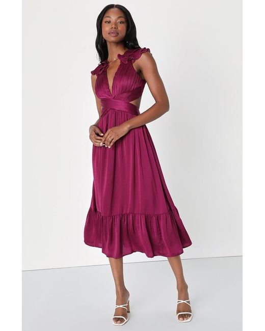 Lulus Red Polished Elegance Plum Ruffled Lace-Up Midi Dress