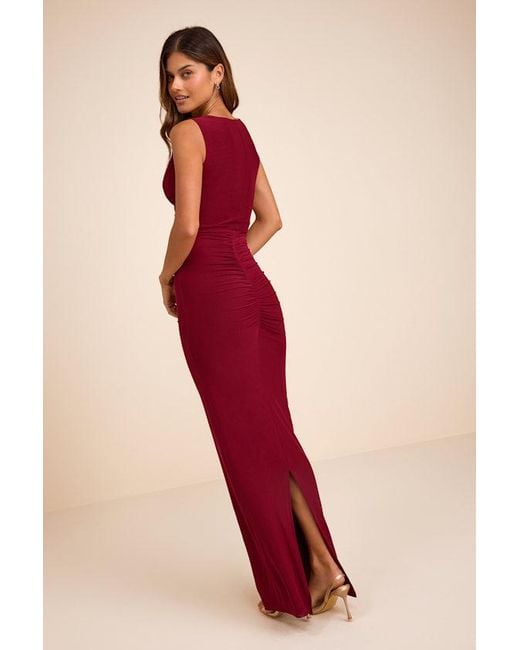 Lulus Red Aveline Jersey Knit Ruched Bodycon Maxi Dress