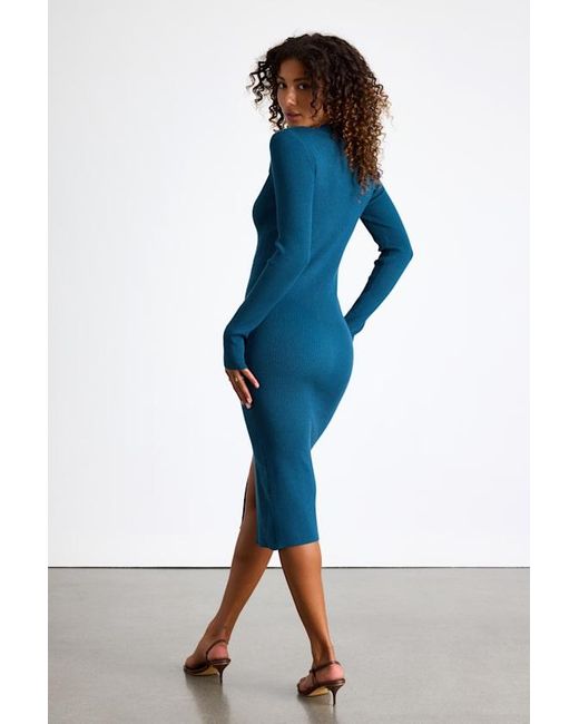 Lulus Blue Adoring Me Dark Ribbed Long Sleeve Midi Sweater Dress