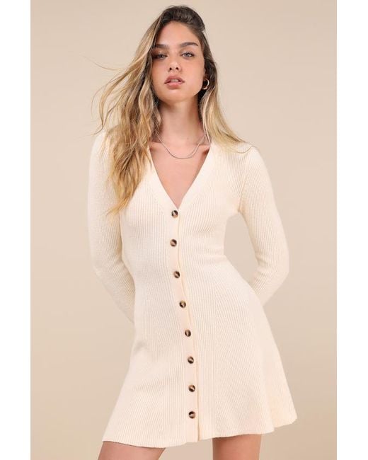 Lulus Natural Adorably Flirty Button-Front Sweater Mini Dress
