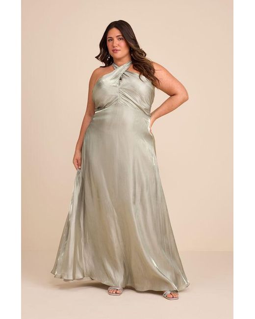 Lulus Natural Canley Sage Satin Cross-Front Halter Maxi Dress