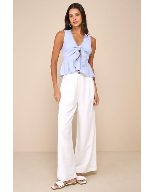 Lulus Blue Admirable Cutie Tie-Front Ruffled Sleeveless Top